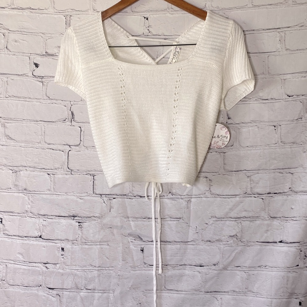 Jolie & Joy Cream White Knit Criss Cross Short Sleeve Sweater Top Size X-Large